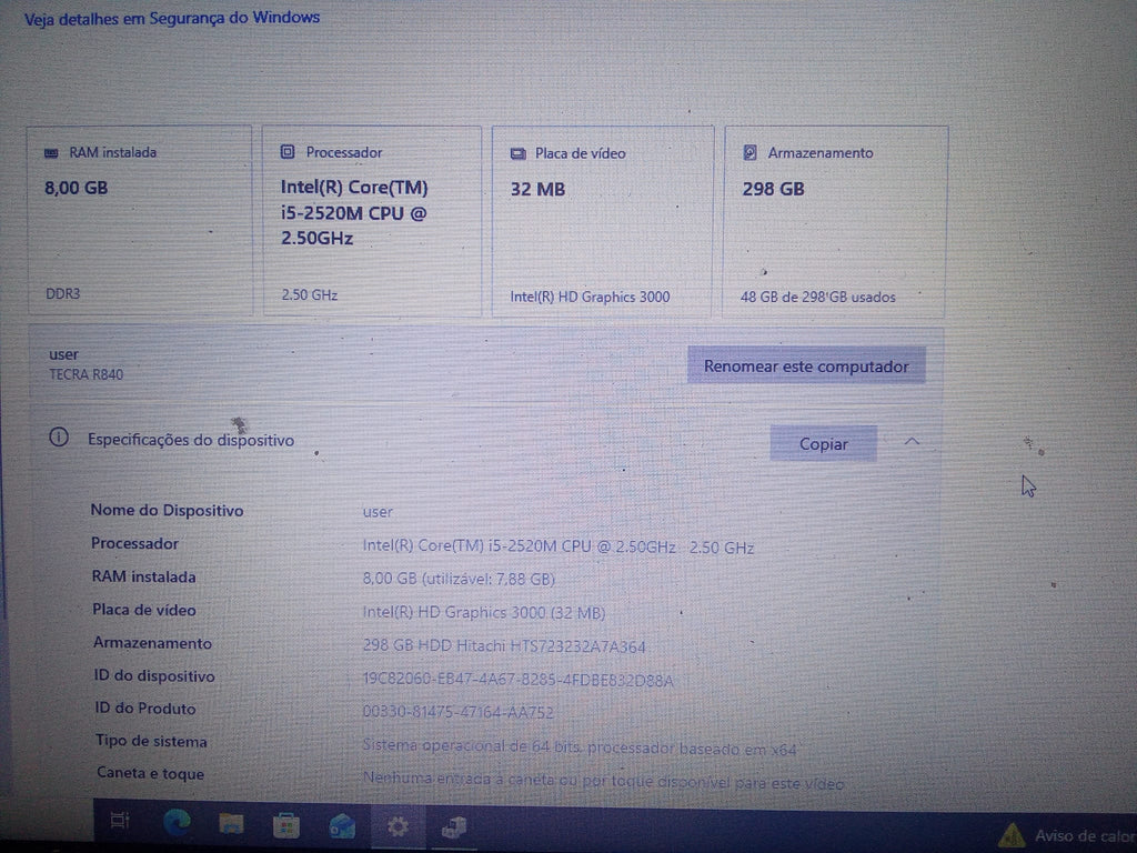 Portátil Toshiba Tecra R840-12E I5 2520M|8GB|HDD320GB|14P