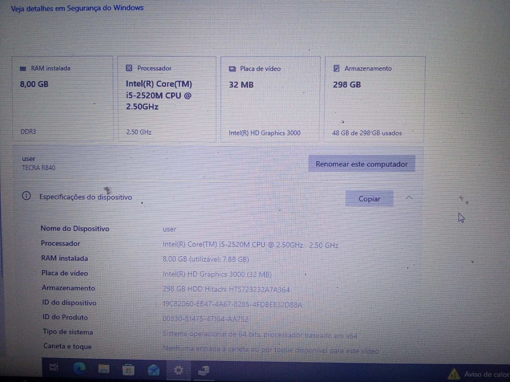 Portátil Toshiba Tecra R840-12E I5 2520M|8GB|HDD320GB|14P